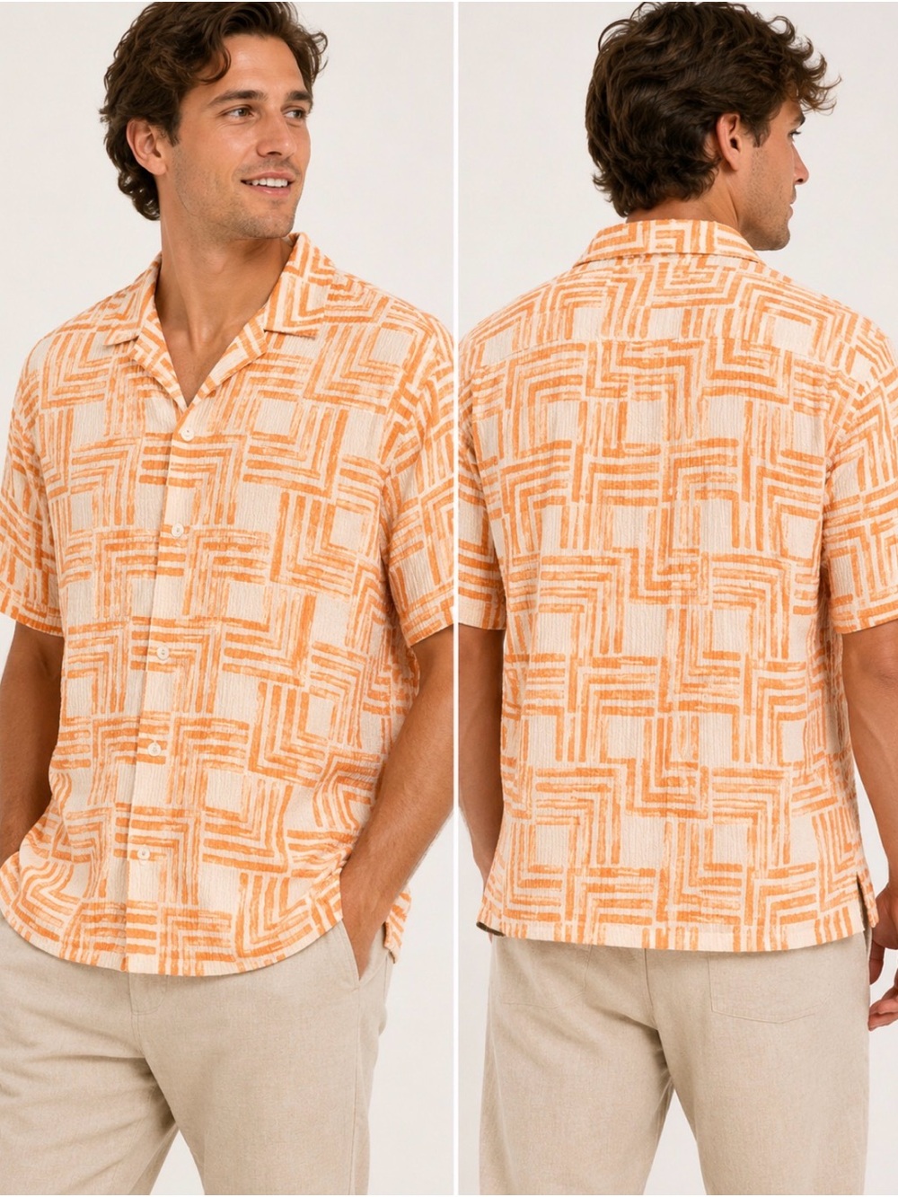 DRY Social Club Men’s M Orange Geometric Textured Camp Shirt NWT